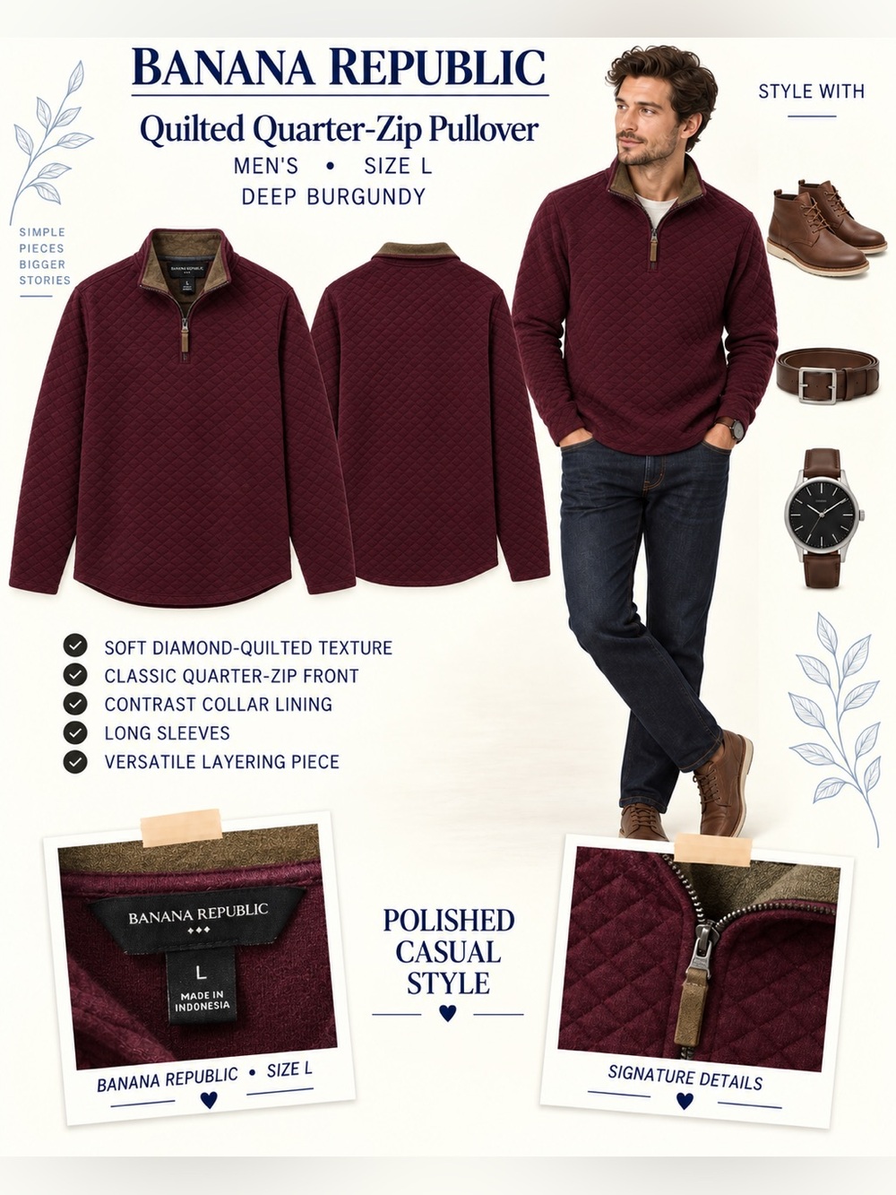 Banana Republic Men's Quilted Zip-Neck Pullover in Deep Burgundy